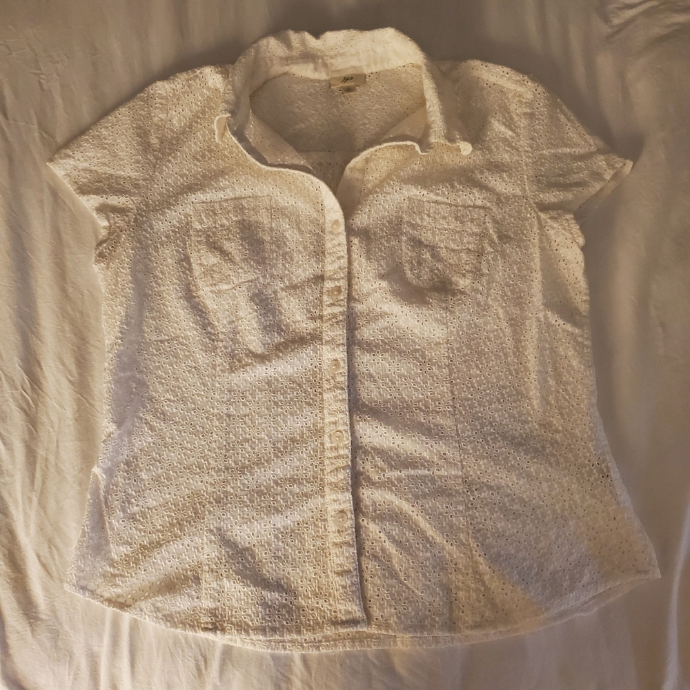 EUC J JILL 100% Cotton Embroidered Eyelet Short Sleeve Button Up Shirt Large